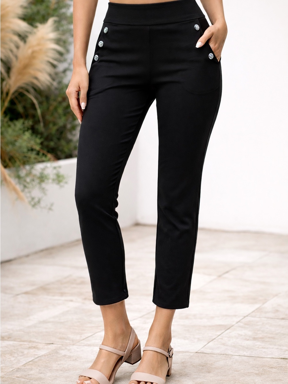 Counterparts Black Cropped Slim Ankle Pants with Decorative Buttons